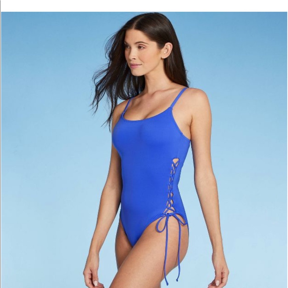 Shade And Shore Lace Up Side One Piece Bathing Suit Cobalt Blue.